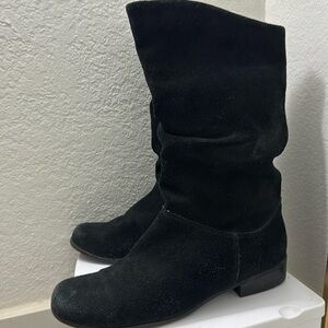 Black suede mid calf boot.